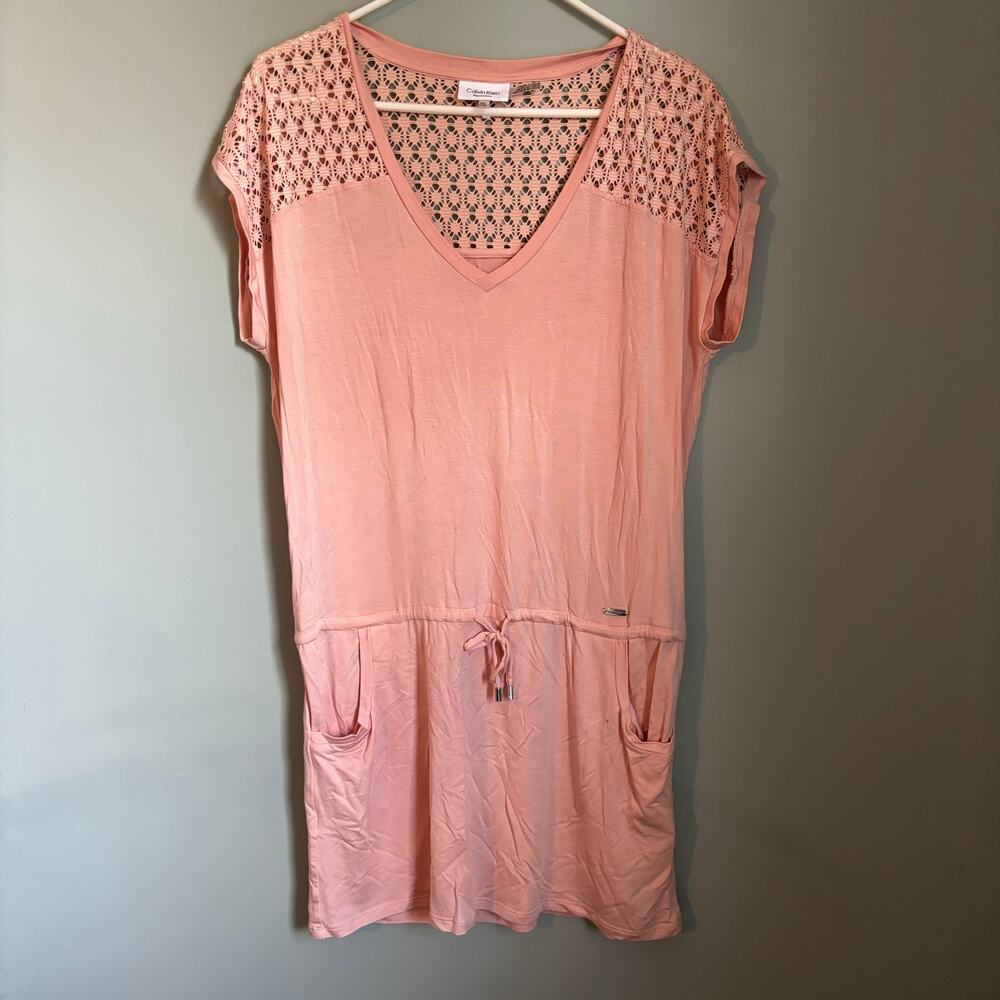 Calvin Klein Tunic Tie Waist Crochet Short Sleeve Dress